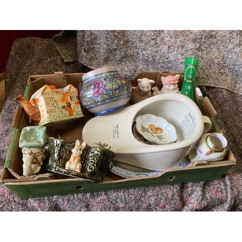 848 - Interesting box of ceramics inc Sylvac, collectible teapots and Slipper Bed Pan labelled Forrest, Li... 