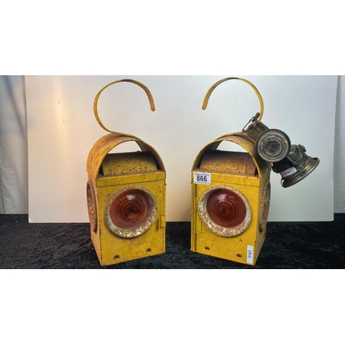 866 - 2 cracking vintage road works lanterns 37cm tall and a very vintage Lucas Calcia Cadet lantern/torch