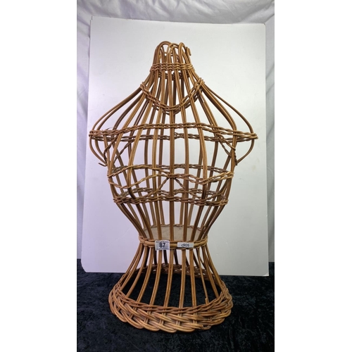 87 - Wicker mannequin / dressmakers dummy torso, approx 64cm tall