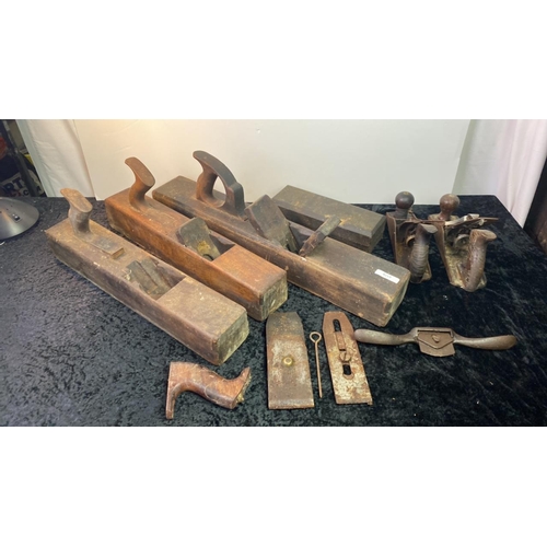 890 - 3 wooden planes, including vintage stone sharpener in box, one Stanley plane