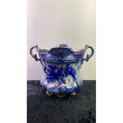 9 - Large blue and white Jardiniere pot with gold painted detail . Appro 25 cm tall