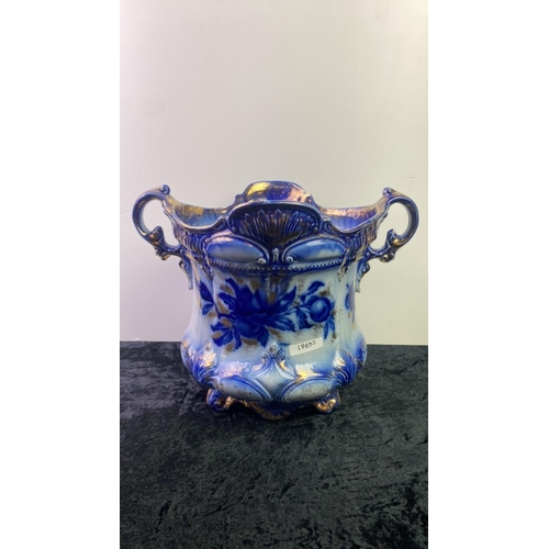 9 - Large blue and white Jardiniere pot with gold painted detail . Appro 25 cm tall