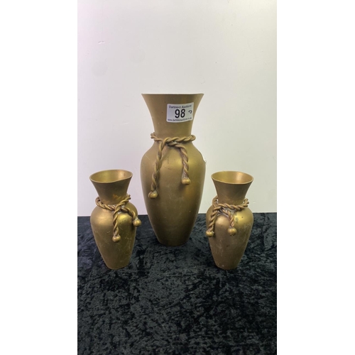 98 - Three brass vases with rope design, approx 23 and 13cm tall