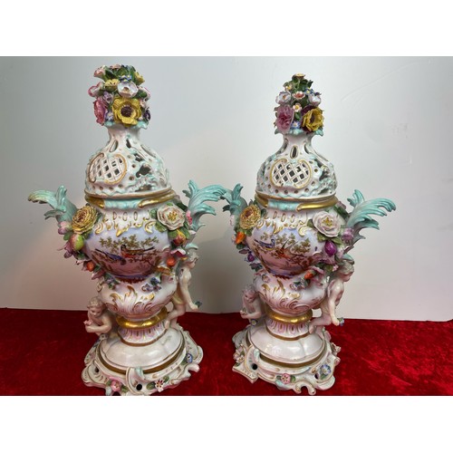 527a - Meissen marked pair urns/potpourri vases on stands with blue cross markings, painted bird motif with... 