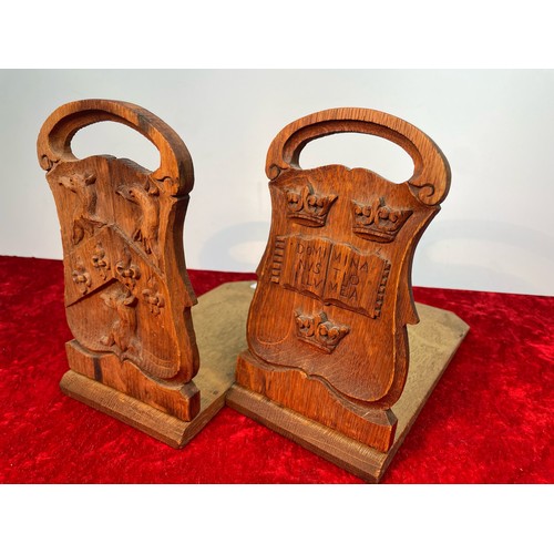 310a - Pair hand carved oak bookends with crests of Oxford University and Trinity College