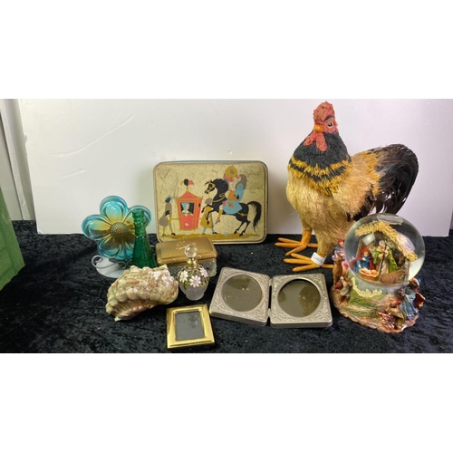 1052 - Collectables including musical snow globe, a cockerel and vintage tin etc.