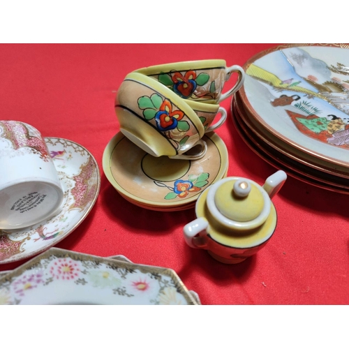 1131 - Miniature Made in Japan lustre teacups, hand decorated Japanese plates, vintage, aged and modern ori... 