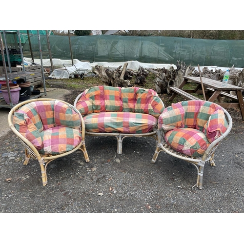 1455 - Three piece upholstered conservatory set - two seater sofa and two chairs. With cushions. A/f