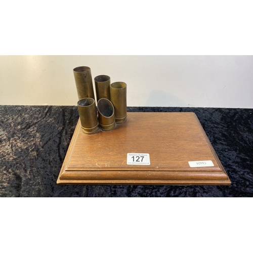 127 - A wooden desk tidy with pen holder made from brass shell cases - base approx 19cm x 28cm