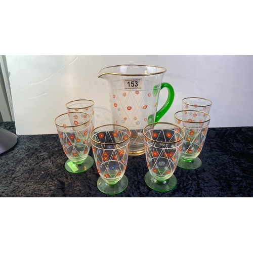 153 - A lovely selection of glassware - vintage jug with 6 glasses - floral design with gold rims - ideal ... 