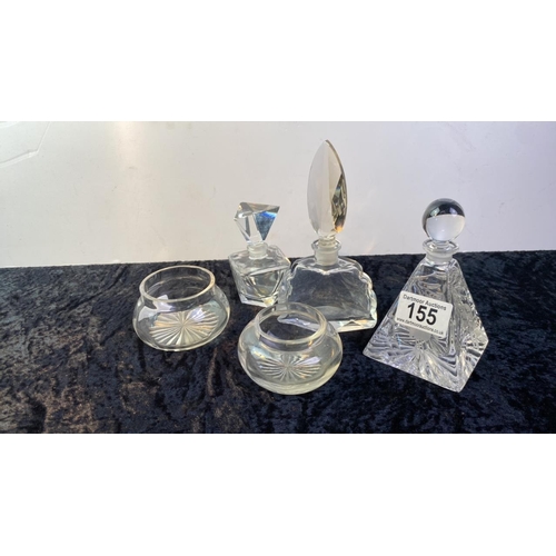 155 - 3 glass perfume bottles along with 2 glass dressing table pin dishes