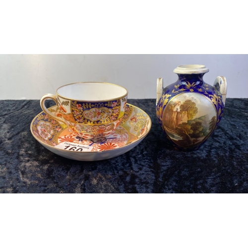 160 - Spode Copeland teacup and saucer with hand painted gold detail a few chips to saucer rim along with ... 