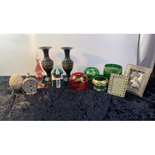 161 - Collectibles including 2 Marquis Waterford Glass Bowls, a pair of metal vases and embellished egg tr... 