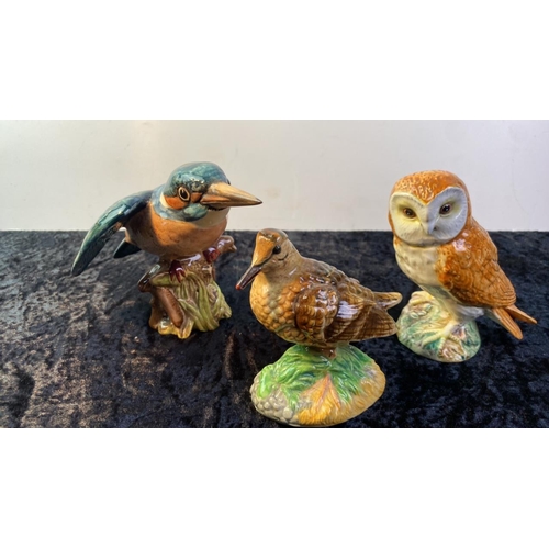 170 - Three Beswick bird ornaments including a Kingfisher, an Owl and a woodcock