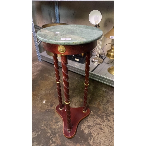 2 - Wooden table with green slate (possibly serpentine?) circular top, approx 69cm tall, top 30cm diamet... 