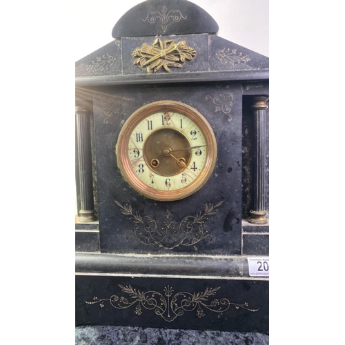 20 - Large, possibly marble antique mantle clock approx 44cm tall and 43cm wide, some chips and cracks to... 