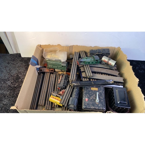 271 - Box of vintage railway track, power supply units, engines and carriages