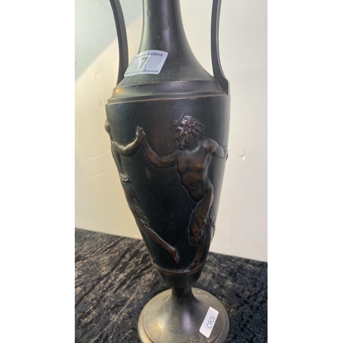 7 - Bronze 2 handled vase with Grecian figurine design approx 43 cm tall