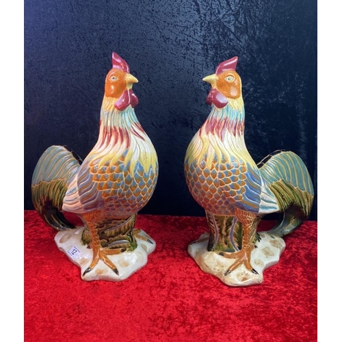 12 - Two fabulous pottery Roosters/Chickens possibly antique. Approx 50 cm tall 