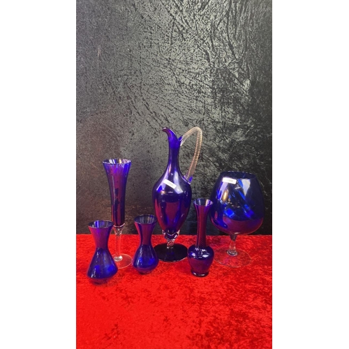 158 - Collection of cobalt blue art glass vases and a tall elegant jug