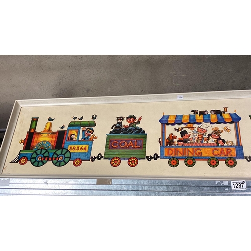 234 - Vintage children’s / nursery framed board picture approx 32.5cm x 149cm - train theme