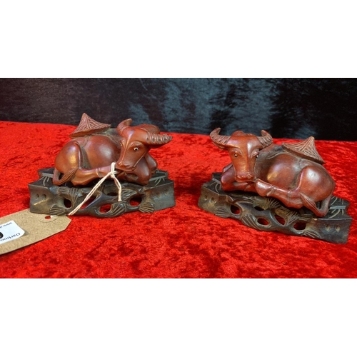 62 - Pair of oriental wooden water buffalo figures on wooden stands, approx 7cm tall, 12cm wide inc stand... 