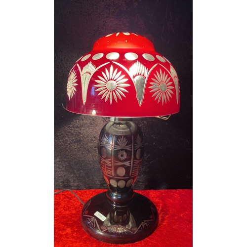 71 - Bohemian cut to clear glass ruby red mushroom lamp in working order, approx 49cm tall