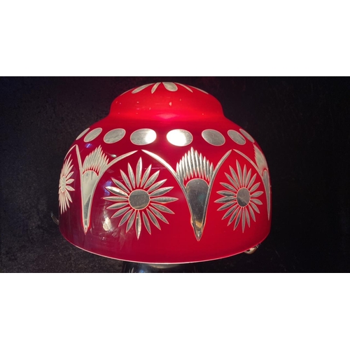 71 - Bohemian cut to clear glass ruby red mushroom lamp in working order, approx 49cm tall