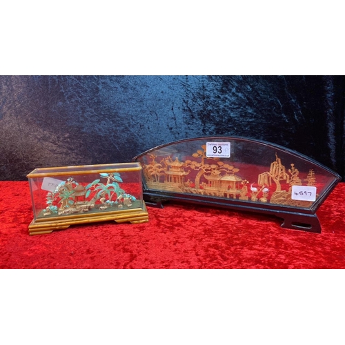 93 - Two beautiful and intricately detailed Chinese cork carved dioramas in wood and glass cases