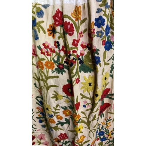 99 - Heavy lined crewel embroidery pair of curtains. Each measures approx 114cm x 178cm