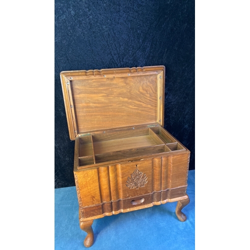 100 - Wooden sewing basket with carved detail, lift out tray and drawer. Would make a superb collector’s b... 