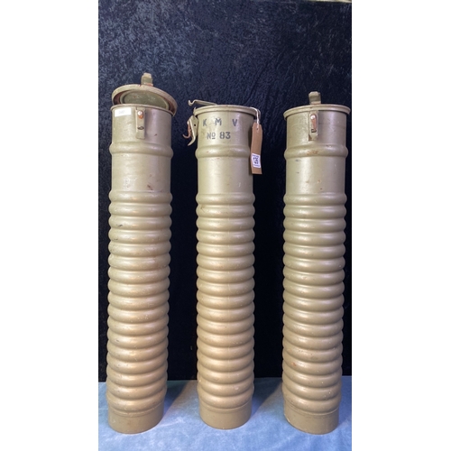 126 - Three tall military / army canisters, possibly Swiss army, one with label on the top, approx 62cm ta... 