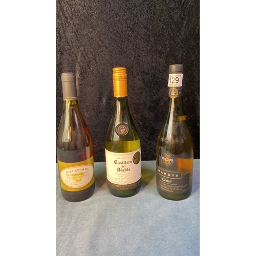 129 - 2003 Hardys Crest Chardonnay Sauvignon Blanc, a 2019 Casillero del Diablo Chardonnay and a 1997 Kill... 