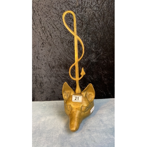 21 - Antique brass fox head and whip doorstep, approx 40cm tall