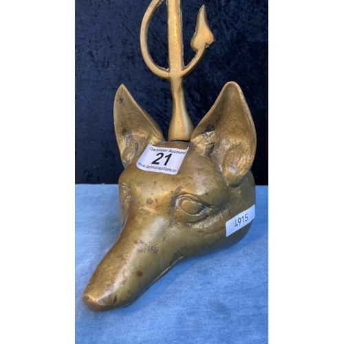 21 - Antique brass fox head and whip doorstep, approx 40cm tall