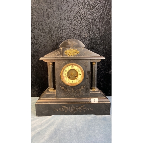 3 - Decorative large heavy slate mantel clock, cracks to face, approx 44cm tall