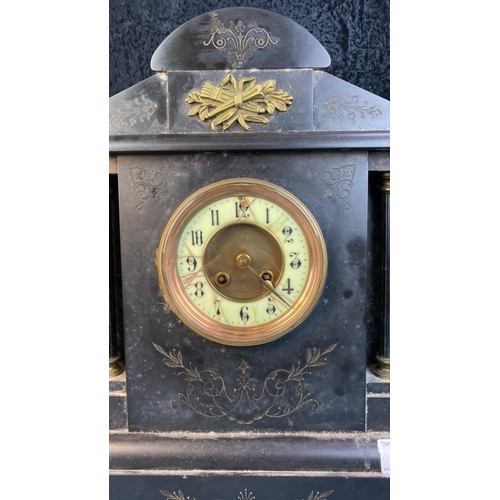 3 - Decorative large heavy slate mantel clock, cracks to face, approx 44cm tall