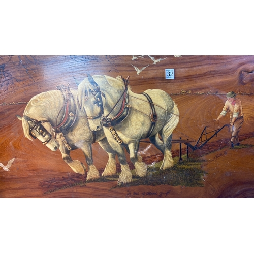 32 - Large handpainted wooden panel with farming shire horse ploughing design, approx 55cm x 115cm