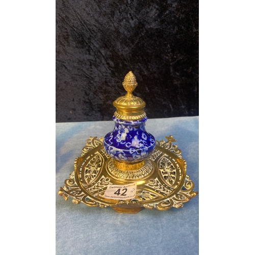 42 - Brass desk stand with blue and white porcelain prunus pattern and brass inkwell, along with a 19th C... 