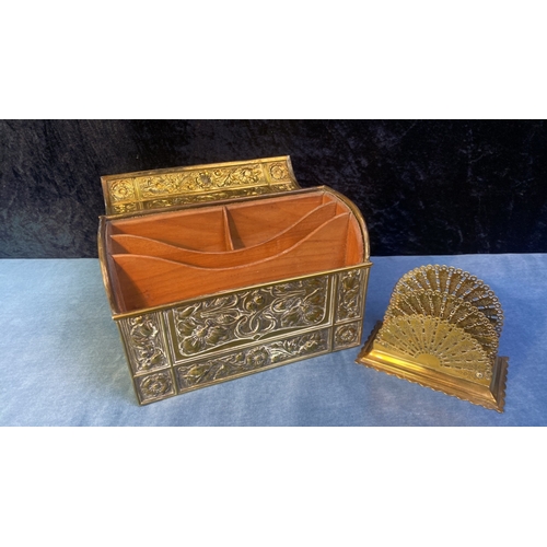 43 - Ornately decorated lidded letter rack box, along with a fan design letter rack