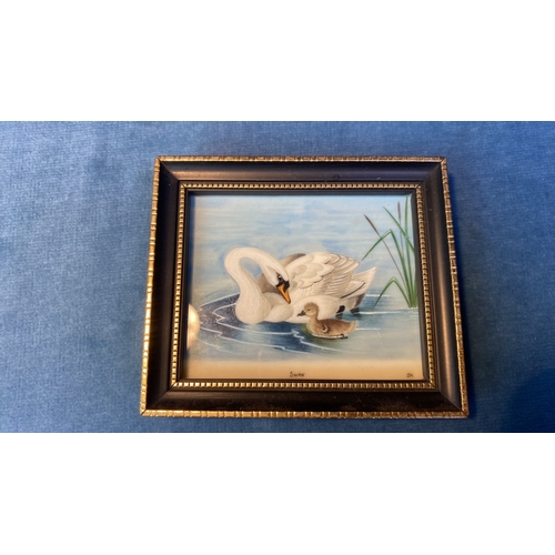 50 - Three framed miniature paintings of ducks and a swan, frames approx 7.5cm x 9cm