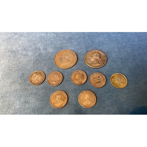 619 - Five British Guiana Fourpences dates 1901, 1911, 1916 and two 1918, onw 1939 USA quarter dollar, 191... 