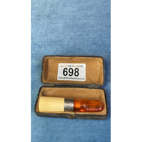 698 - Amber and bone cheroot holder with silver cuff, Chester 1909