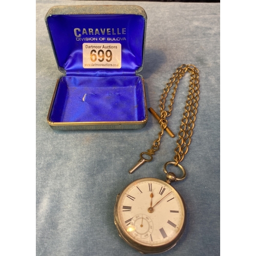 699 - Silver cased pocket watch, Birmingham 1884. Farringdon D. Waltham movement. With brass Albert chain ... 