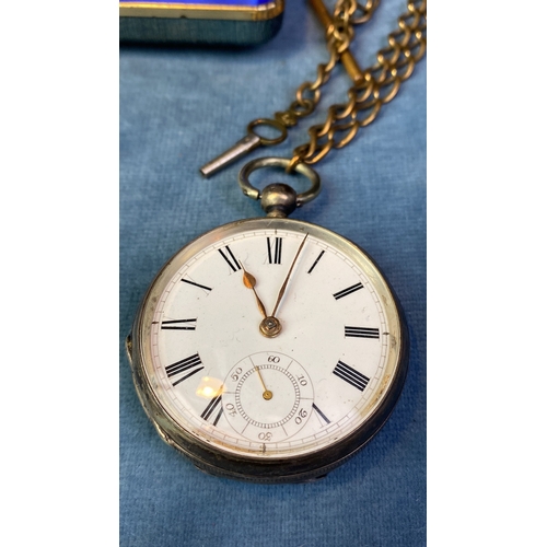 699 - Silver cased pocket watch, Birmingham 1884. Farringdon D. Waltham movement. With brass Albert chain ... 