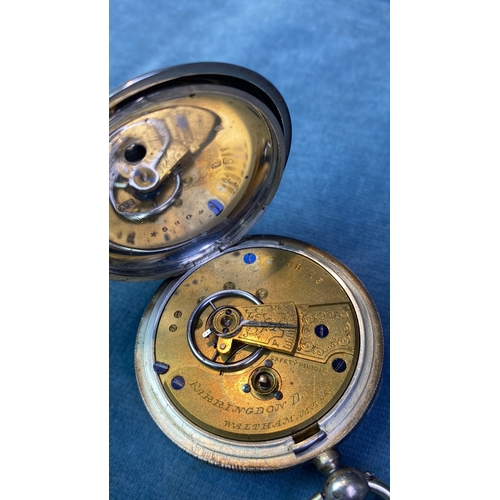 699 - Silver cased pocket watch, Birmingham 1884. Farringdon D. Waltham movement. With brass Albert chain ... 