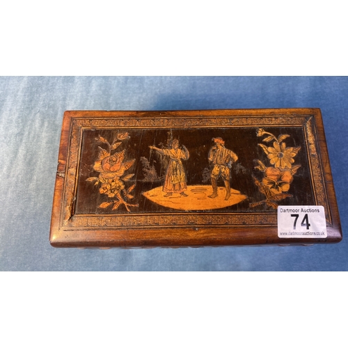 74 - Sorry to wooden storage box with inlaid design of figures on the lid. Secret locked compartment and ... 