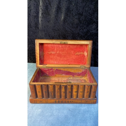 74 - Sorry to wooden storage box with inlaid design of figures on the lid. Secret locked compartment and ... 