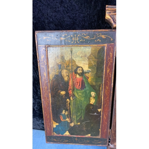 79 - Religious print on wood triptych, damage to the outside of one door. Very decorative.