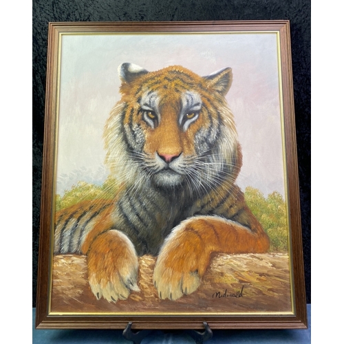 103 - Really gorgeous framed acrylic on canvas painting of a handsome Tiger H66cm x W55cm